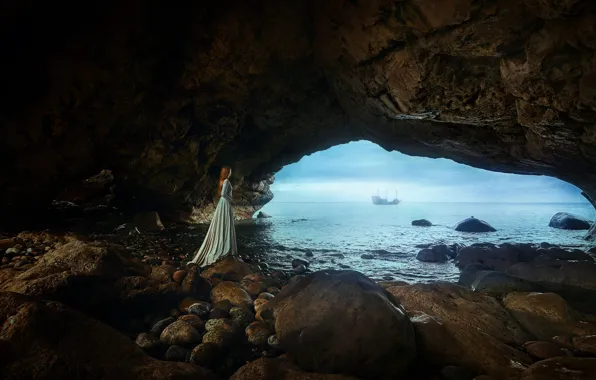 Море, небо, девушка, пейзаж, природа, поза, скала, камни