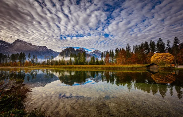 Картинка осень, лес, облака, горы, озеро, отражение, Австрия, Альпы