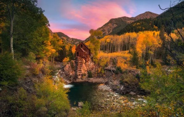 Картинка осень, горы, природа, мельница, водоем, водяная