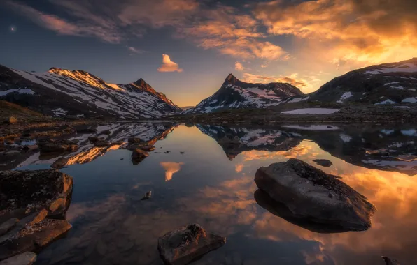 Небо, вода, закат, озеро, камни, Норвегия, Norway, Ole Henrik Skjelstad