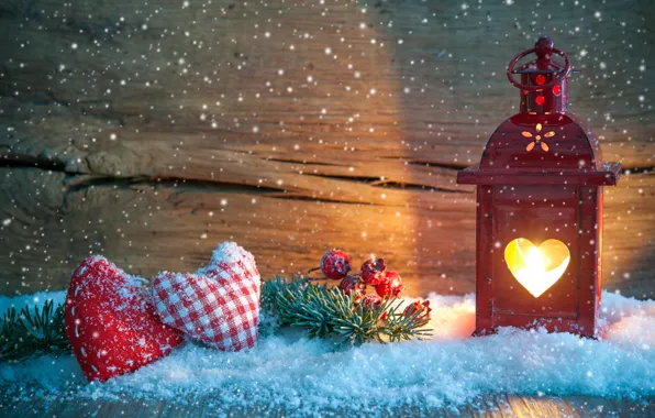 Картинка снег, украшения, ветка, Рождество, фонарь, сердечки, Новый год