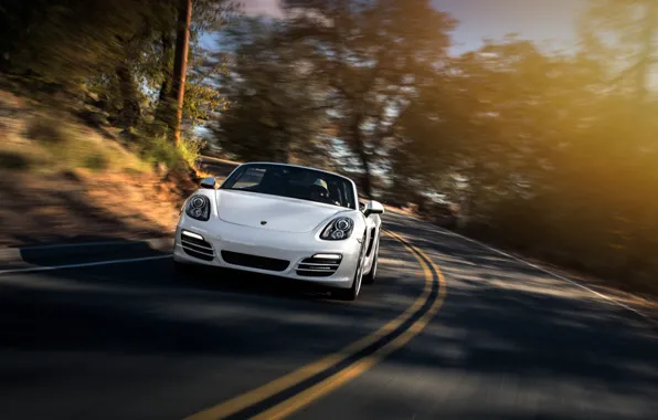 Картинка Porsche, Car, Boxster, Speed, Front, Sun, White, Sport