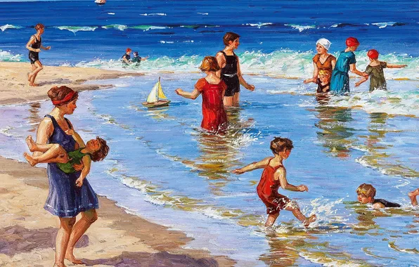 Море, Пляж, Дети, Люди, Картина, На пляже, Венгерский художник, A. de Fleury