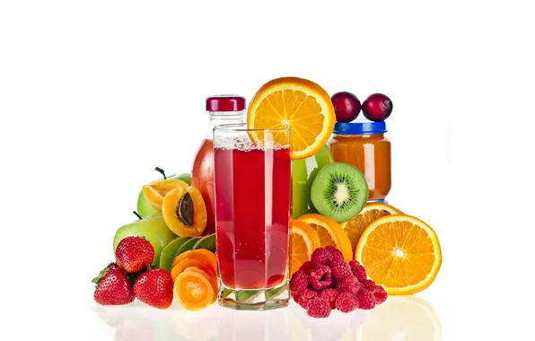 Картинка стакан, малина, яблоки, апельсины, киви, клубника, фрукты, персики