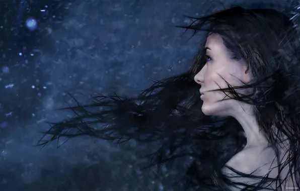 Картинка зима, взгляд, девушка, снег, лицо, ветер, волосы, арт