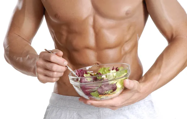 Sexy, man, muscles, salad