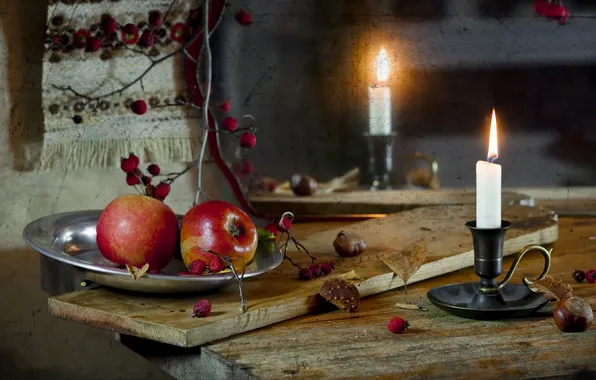 Стол, яблоки, свеча, текстура, царапины, Still Life, плоды шиповника