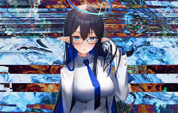 Аниме, брюнетка, нимб, anime, anime girls, белая блузка, девушка в очках, аниме девушки