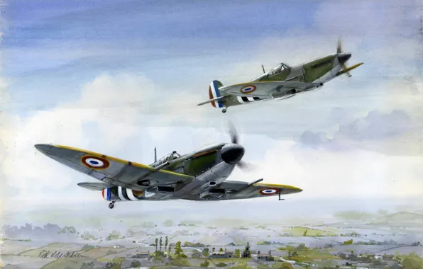 Картинка рисунок, Spitfire, полет, арт, британские, истребители, Free French