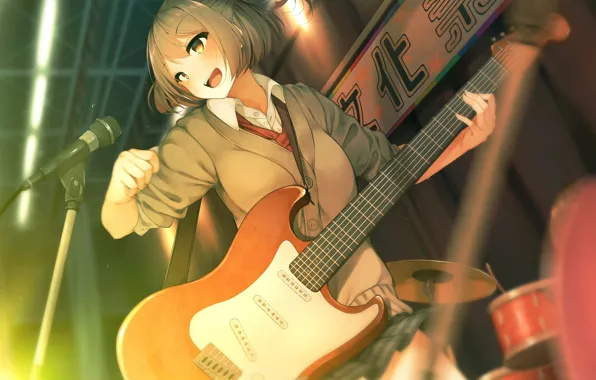 Музыка, гитара, аниме, девочка