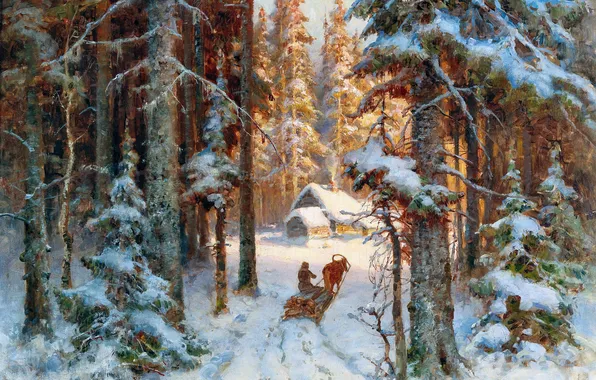 Зима, Деревья, Снег, Дом, Картина, Юлий Юльевич Клевер, Русский художник немецкого происхождения, Лесорубы возвращаются домой