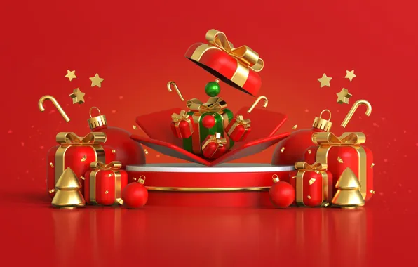 Украшения, рендеринг, фон, елка, Рождество, подарки, Новый год, red