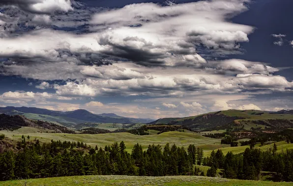 Небо, облака, холмы, долина, горизонт, Монтана, Соединенные Штаты