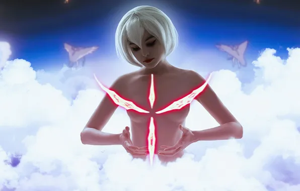Облака, знак, блондинка, образ, богиня, косплей, Evangelion