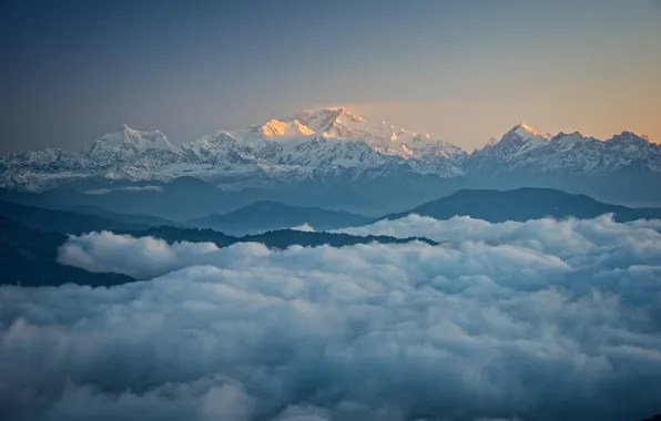 Облака, горы, утро, горный массив, Гималаи, གངས་ཆེན་མཛོད་ལྔ་, कंचनजंघा, कञ्चनजङ्घा