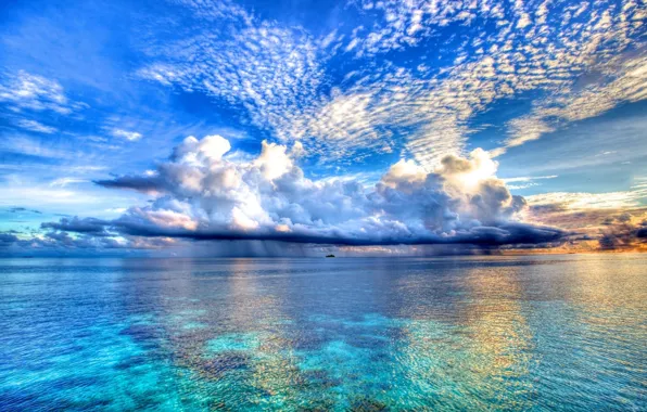 Картинка небо, облака, океан, цвет, красота, корабли, даль, горизонт