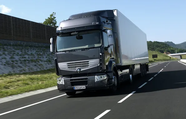 Картинка трасса, грузовик, Renault, седельный тягач, 4x2, полуприцеп, тёмно-серый, Premium Route