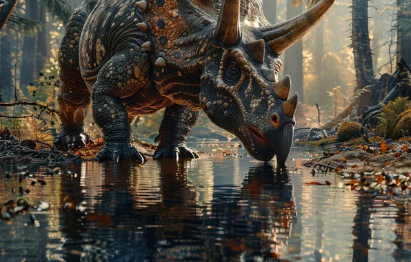 Вода, Отражение, Деревья, Динозавр, Рога, Речка, Triceratops, Животное