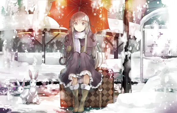 Девушка, снег, зонт, кролик, платье, сидит, карие глаза, kasugano sora