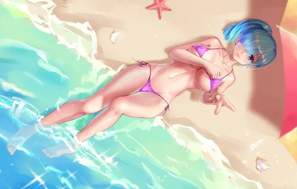 Море, купальник, вода, девушка, anime, art, rem, re zero kara hajimeru isekai seikatsu