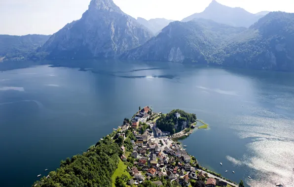 Деревья, горы, озеро, берег, дома, Австрия, панорама, вид сверху