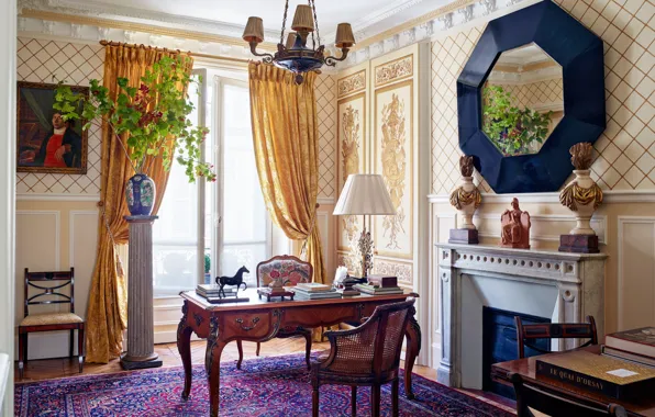 Дизайн, стиль, интерьер, камин, кабинет, Apartment in Paris