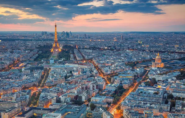 Картинка закат, Франция, Париж, вечер, панорама, Paris, France