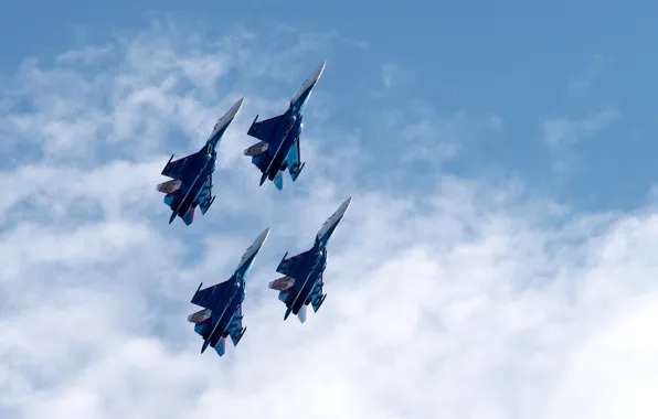 Небо, истребители, авиашоу, Су-27, ВВС России, Русские Витязи