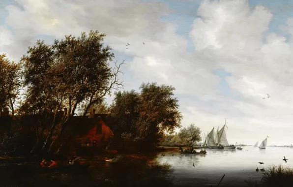 Картинка дом, река, лодка, картина, парус, Salomon van Ruysdael, Соломон ван Рёйсдал, Речной Пейзаж с Охотником …