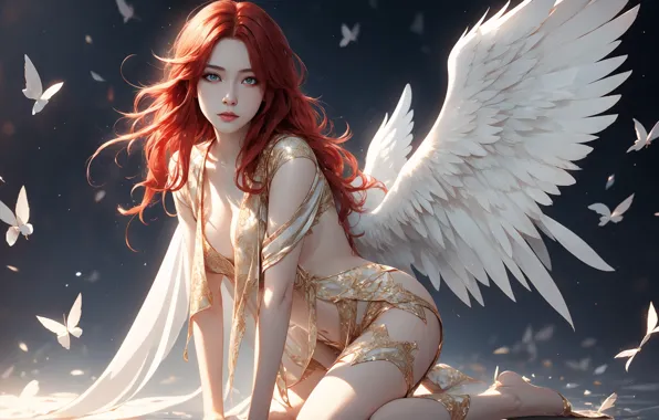 Картинка long hair, wings, butterfly, angel, women, redhead, digital art, insect