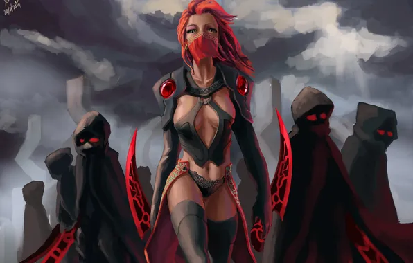 Взгляд, девушка, оружие, маска, арт, Assassin