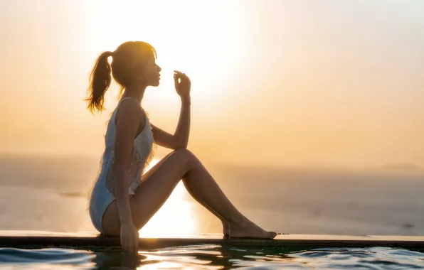 Beautiful, Asian, Model, Beach, Sun, Water, Sunset, Woman