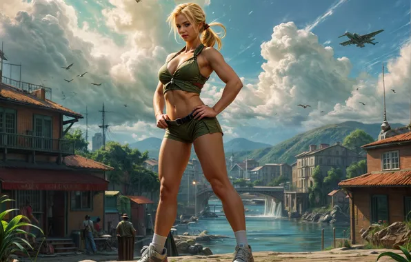 Девушка, улица, Cammy, Street Fighter, изображение сгенерировано ИИ