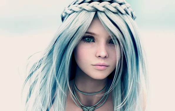 Girl, Long hair, Look, Stare, Necklace, Intense, Grey hair, Rendered