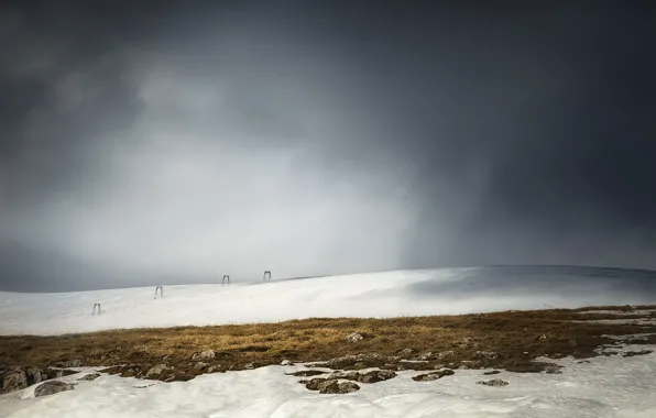 Трава, снег, тень, буря, холм, grass, storm, snow