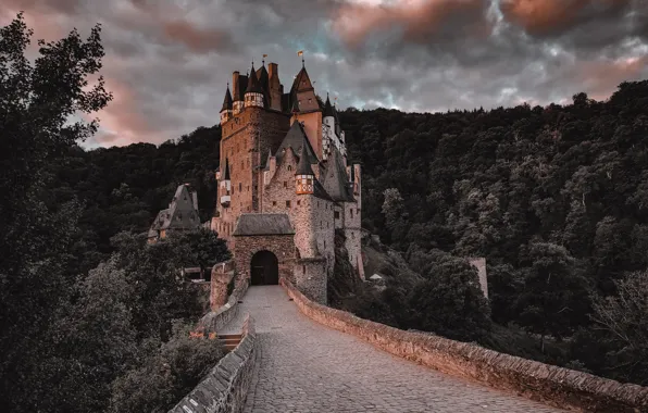 Тучи, мост, дорога, Германия, замок, Эльц, пейзаж, Eltz Castle