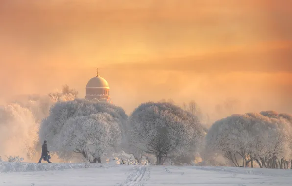 Картинка зима, иней, снег, деревья, церковь, мужчина, прогулка, холодно