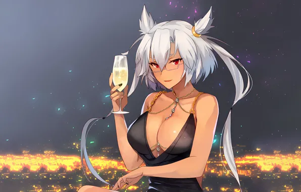 Girl, sexy, cleavage, long hair, dress, boobs, anime, night