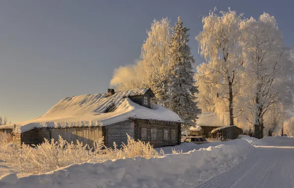 Картинка зима, утро, деревня, Архангельская область, Саунино