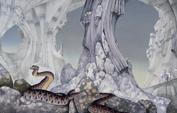Картинка змеи, камни, скалы, арт, всадники, пещеры, Roger Dean