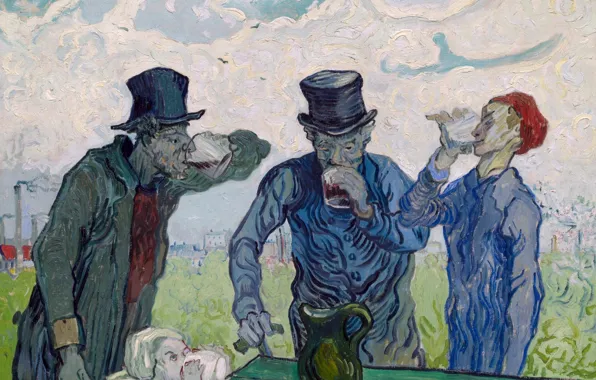 Wine, art, men, cafe, van gogh, drinking