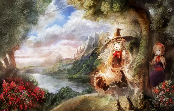 Картинка горы, природа, река, девочки, аниме, шляпка, ведьма