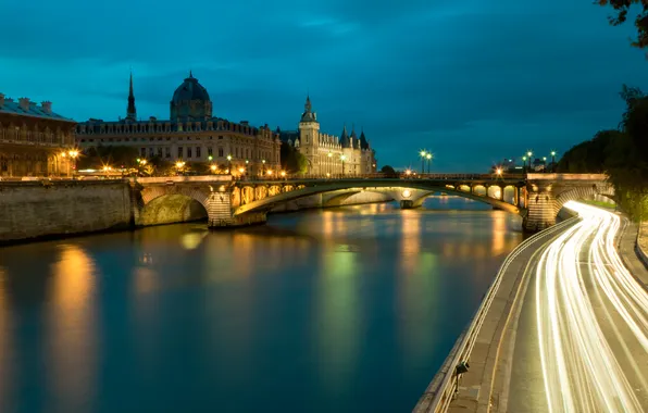 Картинка дорога, мост, город, огни, река, замок, Франция, Париж