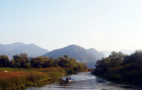 Картинка горы, лодка, Река