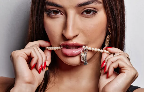Woman, young, model, ring, brunette, nails, necklace, mouth