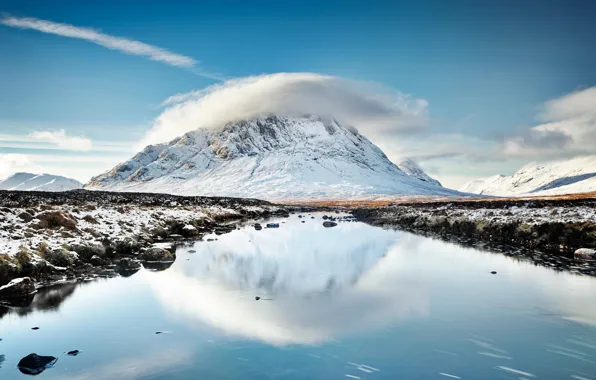 River, water, clouds, mountain, lake, snow, Scotland, stones