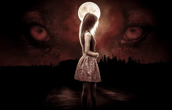 Girl, moon, forest, dress, eyes, night, wolf, darkness