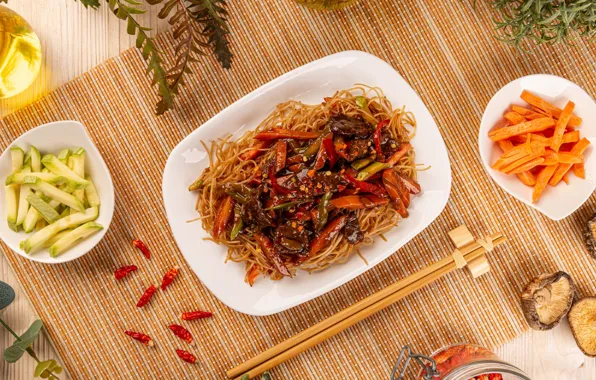 Еда, палочки, коврик, овощи, лапша, миски, азиатская кухня