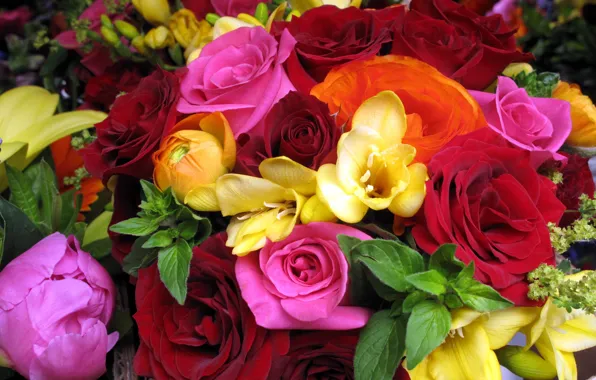 Картинка цветок, цветы, розы, букет, красные, розовые, оранжевые