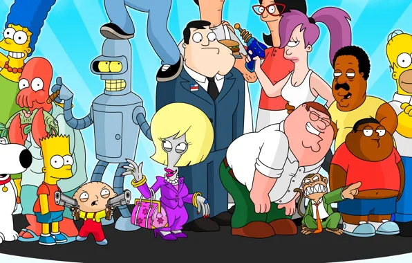 Картинка Futurama, cartoon, crossover, Family Guy, The Simpsons, tv series, The Cleveland Show, American Dad!